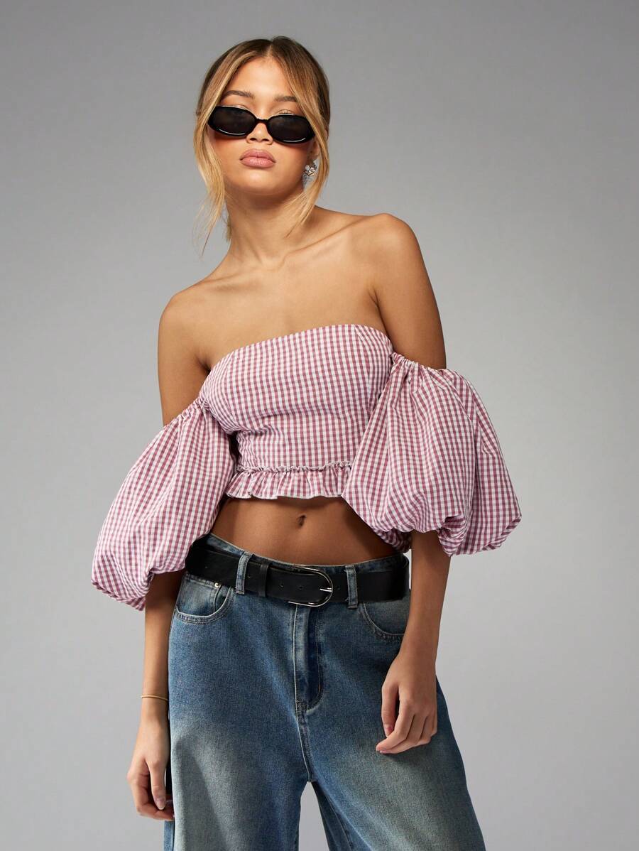 MISSGUIDED Puff Sleeve Gingham Crop Top Off Shoulder Ruffle Hem Bardot Summer Festival Trending Fashion Statement Piece Lightweight Vacation Holiday