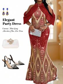 Fleurora 秋冬优雅派对婚礼酒会演唱会/音乐节彩色针织立领美人鱼撞色网眼长款无袖大码连衣裙，情人节 - 紅色 - 查看 1