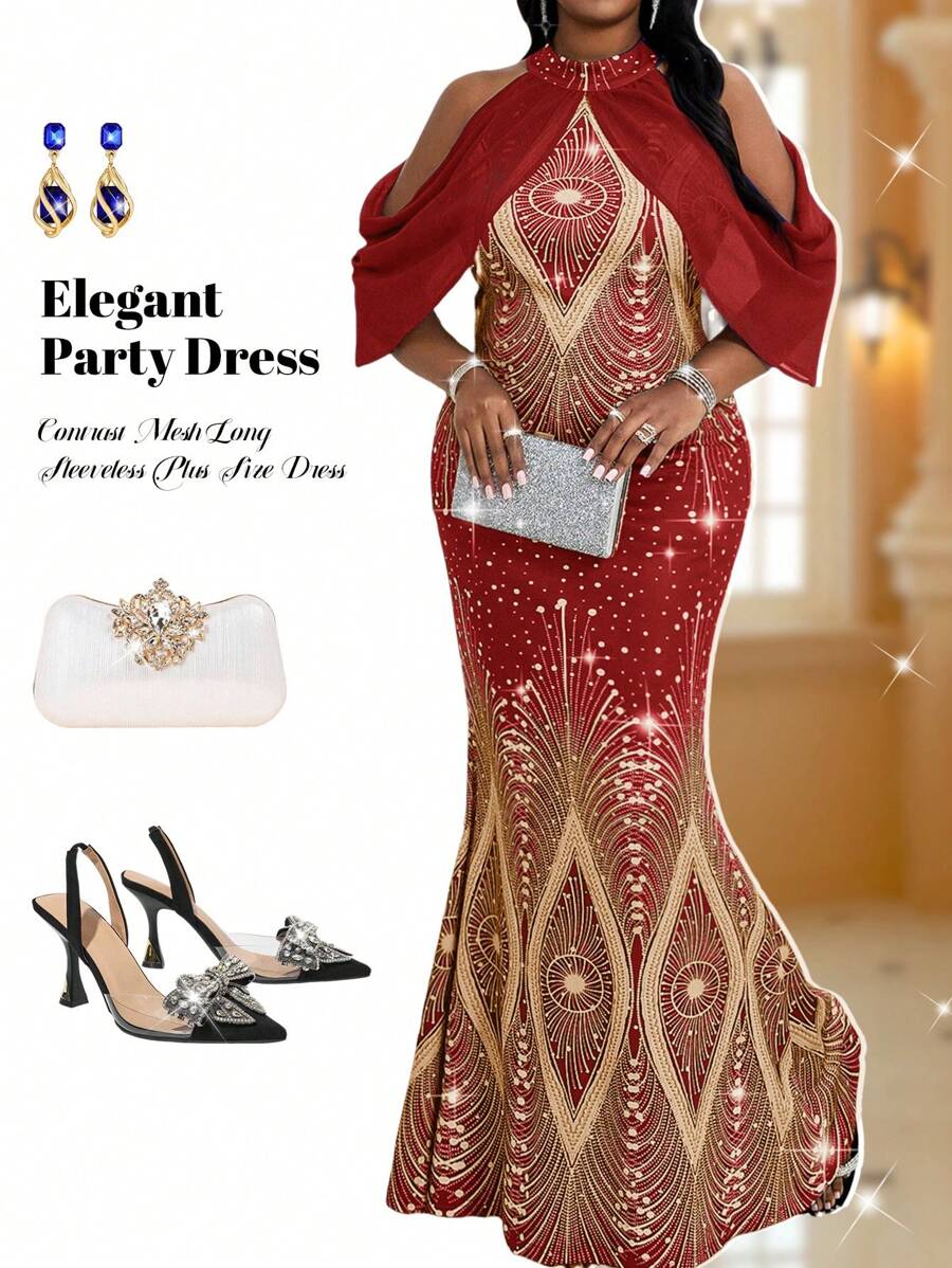 Fleurora 秋冬优雅派对婚礼酒会演唱会/音乐节彩色针织立领美人鱼撞色网眼长款无袖大码连衣裙，情人节 - 紅色 - 查看 1