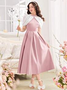 SHEIN Vestido casual de A-Line para adolescentes com cintura ajustada, mangas flutter e gola de cetim com blocos de cores. - Rosa Bebê - Visão 6