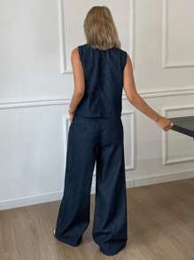 Livesso 女士休闲单排扣条纹牛仔背心和宽松阔腿裤套装 - 深色水洗藍 - 查看 7