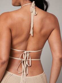 Silquee Cover Ups Black Crochet Sexy Deep V-Neck Hollow Slit Spring And Summer Holiday Clothes Mid-Length Women's Dress - Khaki - View 4