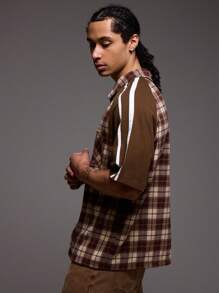 Musero Checkered Short Sleeve Contrast Oversized Stripe Sleeve Shirt