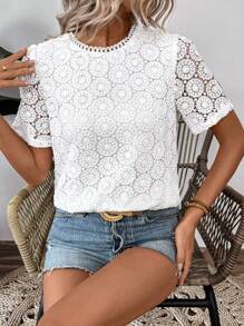 Breezaya Women's Summer Water-Soluble Embroidered Round Neck Short-Sleeved Shirt (Random Pattern Cutting)