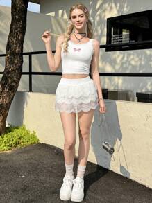 SHEIN 2pcs Lace Trim Top & Flounced Hem Mini Skirt Set, Casual & Fitted For Teen Girls