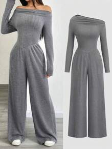 Flirla 女士不对称垂坠 V 领街头休闲商务连体裤，炭灰色 - 灰色 - 查看 1