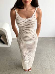 Aloruh Minimalist Stylish Backless Summer Knit Sun-Protective Dress - Apricot - View 3