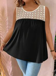 SHEIN LUNE Camiseta de mujer de cuello redondo con encaje de contraste - Negro - Ver 3