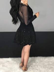 Women's Black Sexy Lace Knitted Long Sleeve Cocktail Dress - Black - View 2
