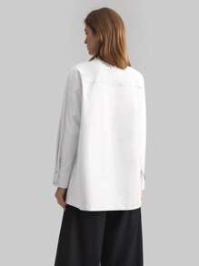 Ontre 2026 Spring/Summer New  White Wrap-Style Solid Color Stand Collar Long Sleeve Minimalist Shirt, Asymmetrical Cut, Casual, Business, Office, Teacher Wear - White - View 3