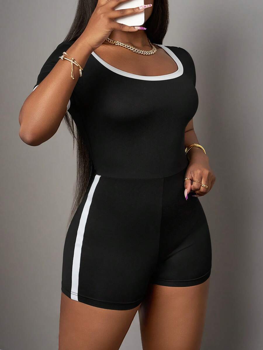 Slaydiva Women's Slim Fit Solid Color Side Striped Jumpsuit, Minimalistic & Fashionable For Summer - Black and White - View 1