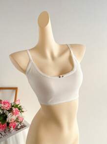 Lunelith SHEIN Lunessa White Rose Floral Lace Trim Fitted Cropped Camisole, Ultra-Soft Comfy Minimalist Elegant Sweet Casual Homewear Daily Versatile Design For Women, Spring & Summer