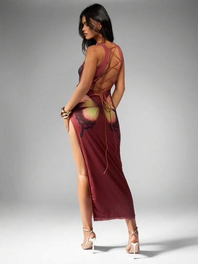 MISSGUIDED Printed Boat Neck Slash Waist Lace-Up Back Extreme Side Slit Bodycon Maxi Dress,XL