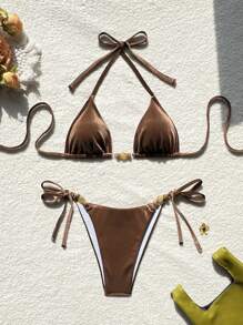 Swim Chiccia Women's New Halter Neck Sexy Velvet Fabric Tie-Up Triangular Bikini Set For Summer Beach Vacation - Brown - View 1