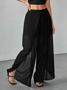 SHEIN PETITE 女士纯色雪纺宽腿宽松阔腿裤