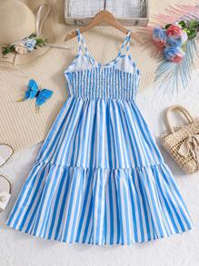 SHEIN Tween Girls Simple Style Navy & White Stripe V-Neck Suspender Flared Dress, Beach Wear Suitable For Summer - Blue and White - View 2