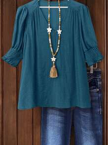 Linhara Koszula w stylu boho w dużym rozmiarze, z 3/4 rękawami i lnianym wyglądem, zapinana na guziki