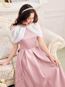 SHEIN Vestido casual de A-Line para adolescentes com cintura ajustada, mangas flutter e gola de cetim com blocos de cores. - Rosa Bebê - Visão 4