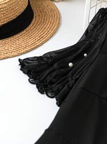 SHEIN Clasi Plus Size Casual Pearl Mesh Puff Sleeve Dress - Green - View 3