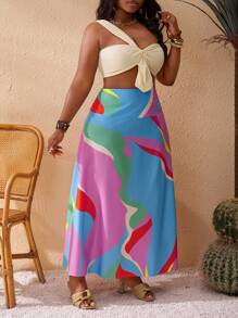 Slaydiva 2pcs Plus Size A-Line Floor-Length Skirt Set, Digital Floral Print, Vacation Outfit - Multicolor - View 6