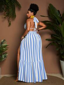 Maweii Plus Size Women's Blue Striped High Slit Backless Halter Dress - Blue and White - View 2