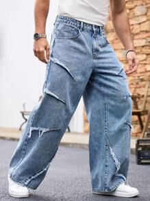 Manfinity LEGND Men's Blue Loose Wide Leg Frayed Hem Baggy Jeans
