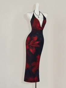 SHEIN ICON Elegant Sexy Floral Print Deep V Neck Backless Dress - Multicolor - View 6