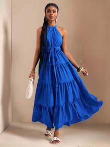 Slaydiva Beach New Spring And Summer Casual Vacation Daily Date Halter Neck Strap Back Cross Strap To Waist Bow Strap Multi-Layer Splicing Hem Klein Blue Plaid Texture Woven Fabric Women's Maxi Dress-B