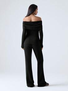 LYSMO 2 件套女士秋季休闲纯色露肩上衣和裤子套装