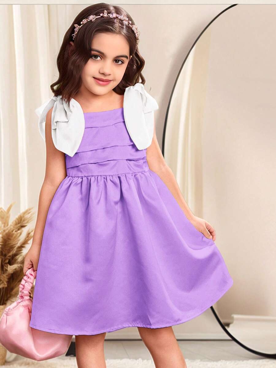 Young Girl Woven Solid Color Dress With 3D Bow Detailing - Mauve Purple - View 1