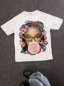 Slaydiva Plus Size Casual Minimalist Vintage American Figure Graphic T-shirt z okrągłym dekoltem i krótkim rękawem, odpowiedni na lato