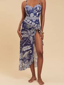 Travachic Women's Swimwear Set Including Spaghetti Strap Underwire Adjustable Strap Floral Print One-Piece Swimwear & Cover-Up Skirt, Fitted Casual Style, Summer Beach Vacation,Backless,Beachwear High Waisted,Beach Outfits For Woman,Sexy,Summer Outfits For Women, For Beach Vacation For Summer Beach Vacation,Boho,Vacation,LINEN,Crochet - Blue - View 3