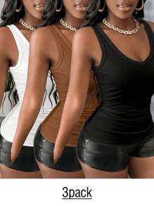 Slaydiva 3pcs/Set Casual Plain V-Neck Plus Size Tank Top - Multicolor - View 1