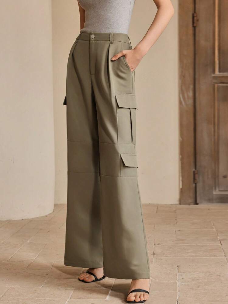 Anewsta Elaire Women's High Waist Wide Leg Cargo Pants, Slimming Pockets, Office & Casual Wear