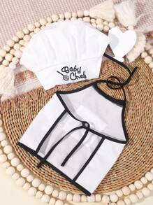 SHEIN 新生儿摄影服装男婴白色厨师帽和围裙套装婴儿摄影道具 1 个月 100 天婴儿摄影道具 - 彩色 - 查看 3