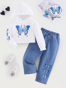 Denimly 年轻女孩休闲日常都市街头风格蓝色蝴蝶印花连帽衫和蝴蝶印花直腿牛仔裤水洗浅蓝色松紧腰围 2 件套 - 白色 - 查看 1