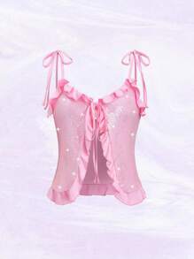 SHEIN Unity Top corto sexy con tirantes finos, volantes y parches con lentejuelas - Rosa - Ver 1