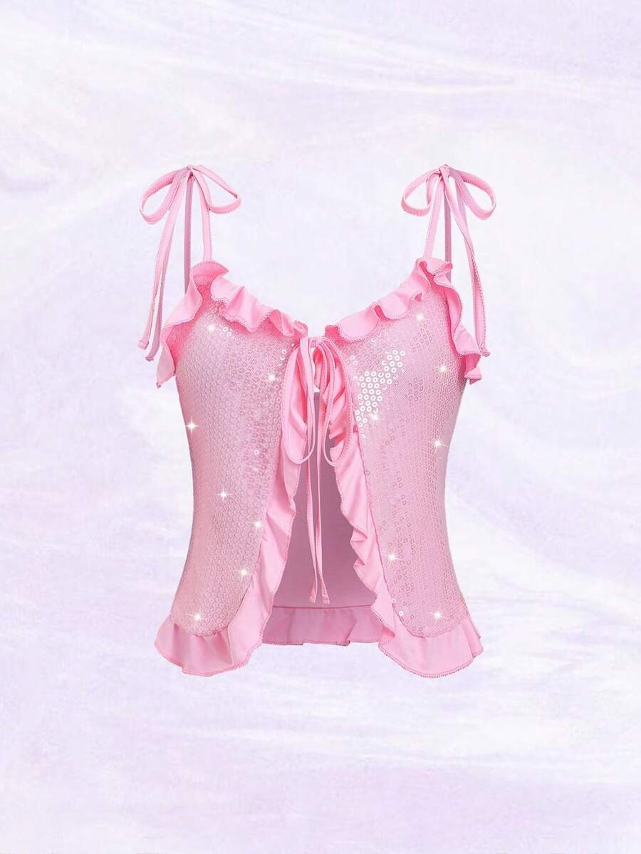 SHEIN Unity Sequins Patchwork Ruffle Tie-Up Spaghetti Strap Sexy Crop Top - Pink - View 1