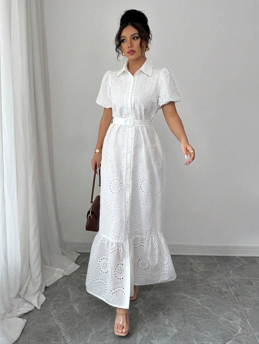 Rafferiza 法式优雅通勤纯色翻领单排扣穿孔印花图案灯笼袖系带女式连衣裙 - 白色 - 查看 1