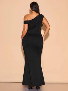 SHEIN BAE 大码女士春夏服装，优雅不对称不对称领口超长鱼尾连衣裙，适合休闲约会、聚会、派对、俱乐部服装、万圣节、情人节、婚礼嘉宾、舞会、生日女士礼服 - 黑色 - 查看 2