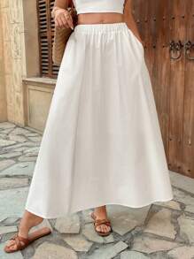 Pariaura Elastic Waist High Waist Solid Color Skater Skirt, Versatile & Slimming A-Line Skirt Fall Cloth For Women