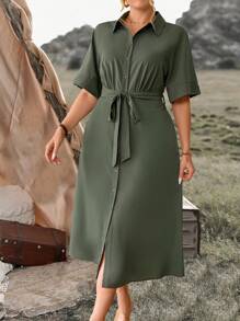 SHEIN LUNE Plus Size Women's Solid Color Shirt Collar Open Front Raglan Sleeve Loose Fit Belted Long Dress For Spring/Summer - Army Green - View 3