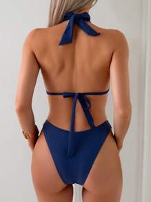 SHEIN Swim Navy Blue Sexy Triangle Cup With Shell Detail Tie-Up Women's Swimwear Set - Navy Blue - View 2