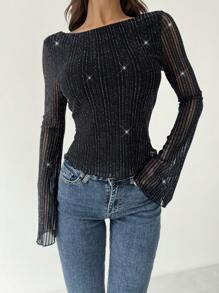 SHEIN Privé 女士新款黑色波尔卡圆点网眼拼接蝴蝶结装饰长袖修身衬衫上衣，优雅/通勤/休闲/商务/度假/派对/约会/性感 - 黑色 - 查看 3