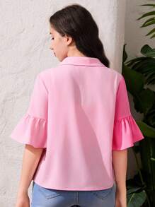 SHEIN Teen Girl Woven Color Block Shirt With Ruffled Collar And Loose Short Sleeves