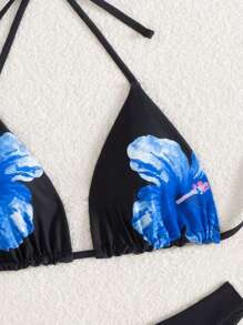 Swim Vcay Springbreak Women Fashion Vacation Multicolor Printed Halter Backless Top And Lovely Printed Bikini Bottom Set For Summer