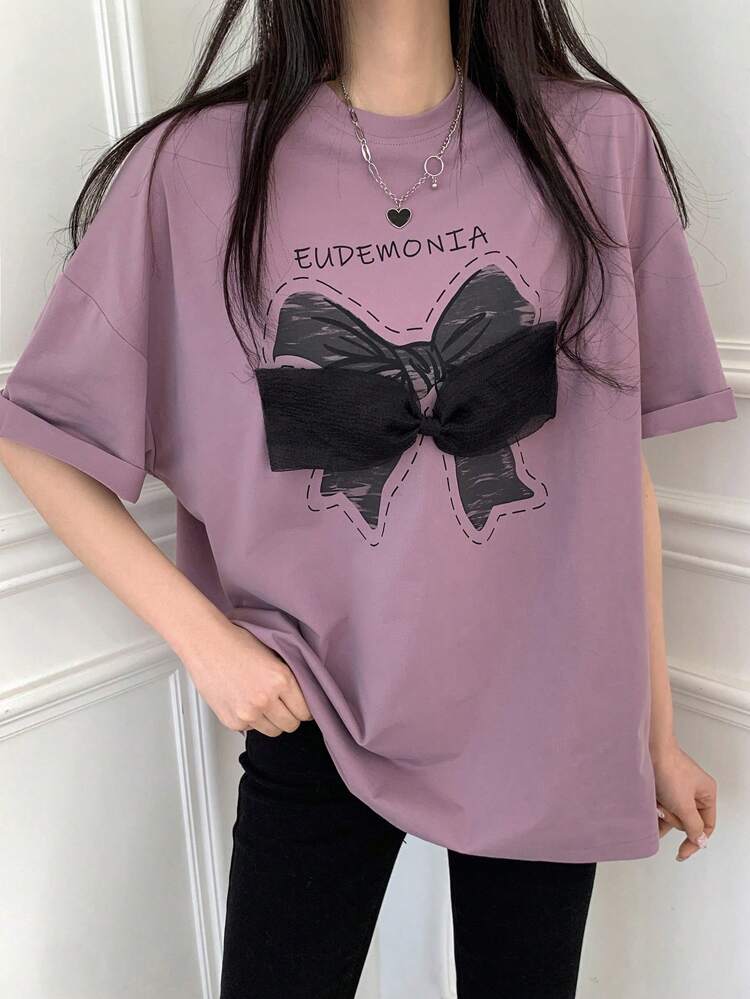 Women Round Neck Short Sleeve T-Shirt With Bow Decoration Cute Tops,Graphic Tees
