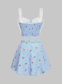 SHEIN MOD Plus Size Women Blue & White Plaid Crop Top With Tie Straps & Short Flared Skirt Set, Vacation Countryside Outfit