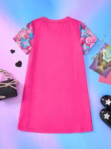 THE POWERPUFF GIRLS X SHEIN Young Girl Heart & Star Cartoon Fun Print Round Neck A-Line Knit Dress - Pink - View 2