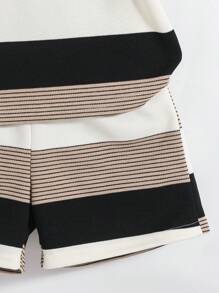 SHEIN 2 件套年轻男孩休闲校园风格舒适时尚百搭简约可爱 2 合 1 条纹圆领短袖上衣和松紧腰短裤套装，适合日常、上学、郊游、运动、春夏季，羊毛，加厚 - 卡其色 - 查看 6